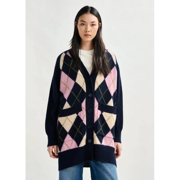 Essentiel Antwerp Navy, pink and beige argyle wool-blend cardigan, view 2