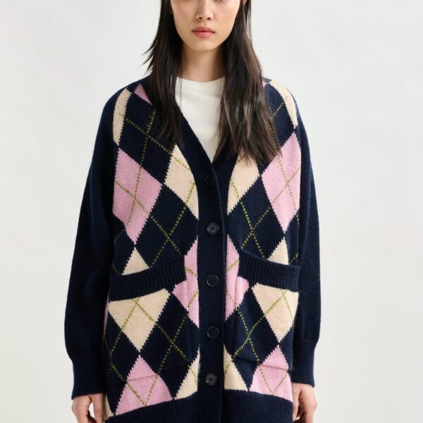 pink and beige argyle wool-blend cardigan - Essentiel Antwerp Knitwear - Colorful Belgian Design - Shop at Coveti