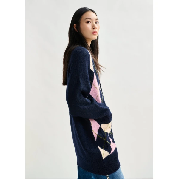 Essentiel Antwerp Navy, pink and beige argyle wool-blend cardigan, view 3