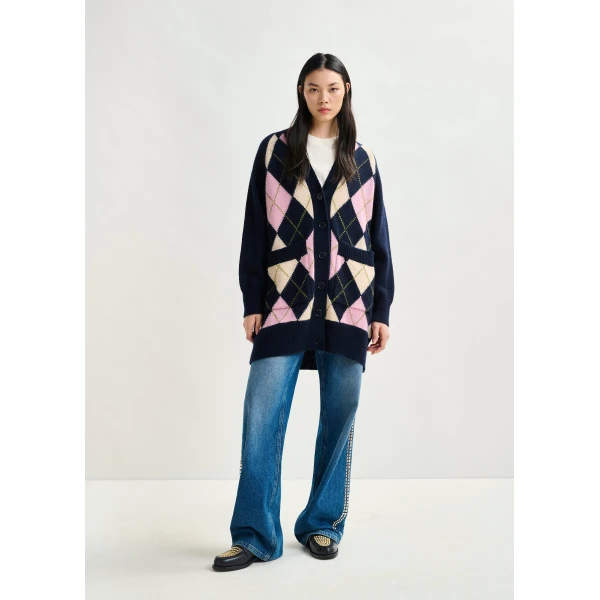 Essentiel Antwerp Navy, pink and beige argyle wool-blend cardigan, view 5