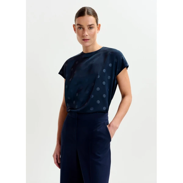 Essentiel Antwerp Navy polkadot top with cap sleeves, view 2