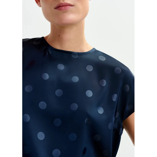 Essentiel Antwerp Navy polkadot top with cap sleeves, view 3