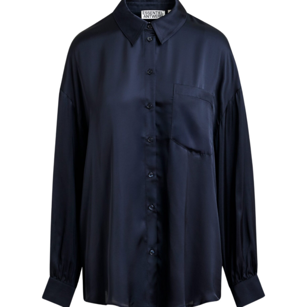 Essentiel Antwerp Navy ruffle-trimmed oversized shirt - Essentiel Antwerp Shirts - Colorful Belgian Design - Shop at Coveti