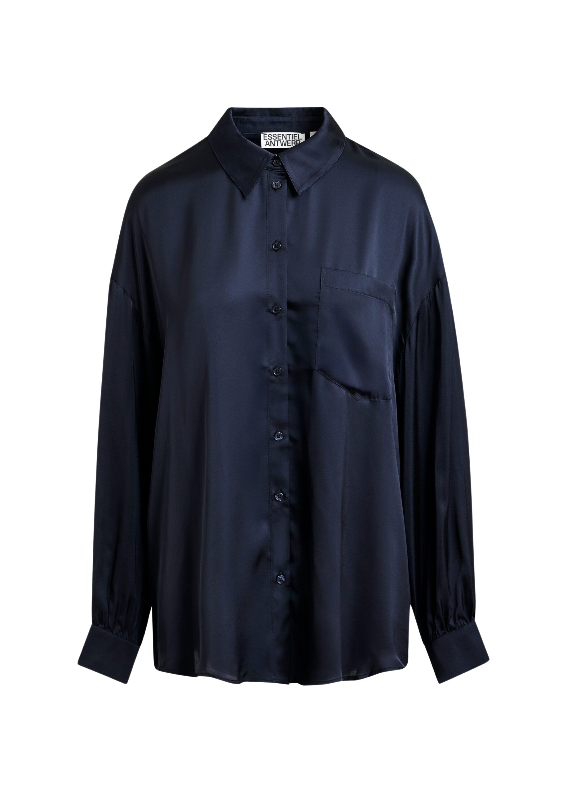 Essentiel Antwerp Navy ruffle-trimmed oversized shirt - Essentiel Antwerp Shirts - Colorful Belgian Design - Shop at Coveti
