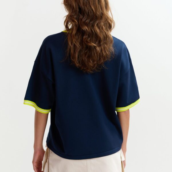 Essentiel Antwerp Navy slightly cropped knit T-shirt with bright yellow contrasting trim - Essentiel Antwerp Shirts - Colorful Belgian Design - Shop at Coveti