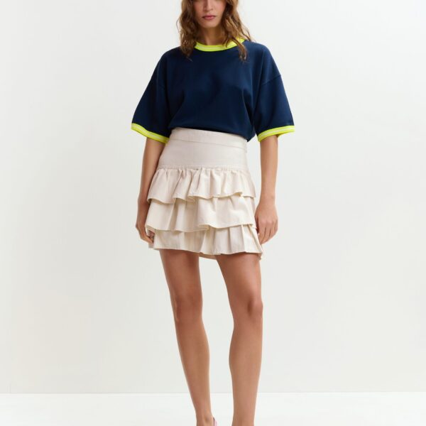 Essentiel Antwerp Navy slightly cropped knit T-shirt with bright yellow contrasting trim - Essentiel Antwerp Shirts - Colorful Belgian Design - Shop at Coveti