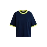 Essentiel Antwerp Navy slightly cropped knit T-shirt with bright yellow contrasting trim - Essentiel Antwerp Shirts - Colorful Belgian Design - Shop at Coveti