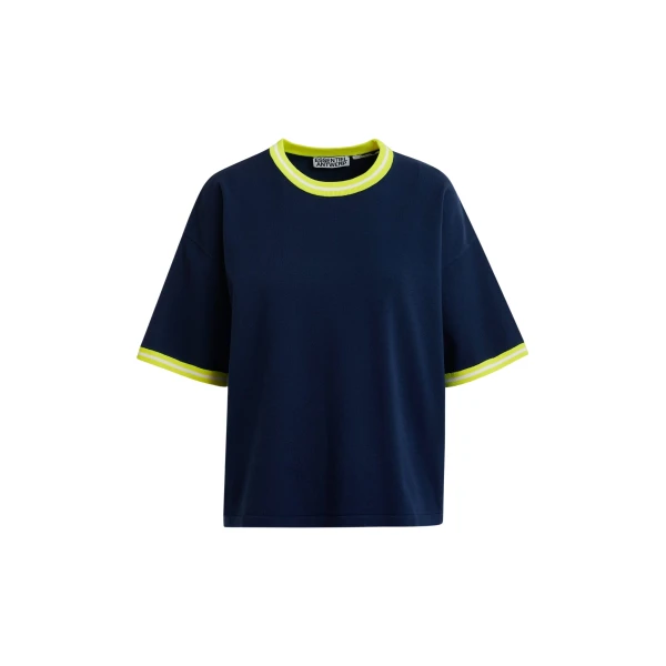 Essentiel Antwerp Navy slightly cropped knit T-shirt with bright yellow contrasting trim - Essentiel Antwerp Shirts - Colorful Belgian Design - Shop at Coveti