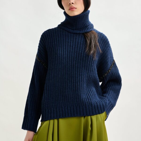 Essentiel Antwerp Navy wool-blend turtleneck with detachable collar and rhinestone embellishments - Essentiel Antwerp Knitwear - Colorful Belgian Design - Shop at Coveti