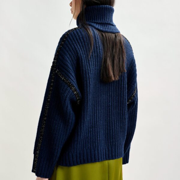 Essentiel Antwerp Navy wool-blend turtleneck with detachable collar and rhinestone embellishments - Essentiel Antwerp Knitwear - Colorful Belgian Design - Shop at Coveti