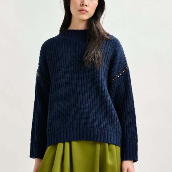 Essentiel Antwerp Navy wool-blend turtleneck with detachable collar and rhinestone embellishments - Essentiel Antwerp Knitwear - Colorful Belgian Design - Shop at Coveti