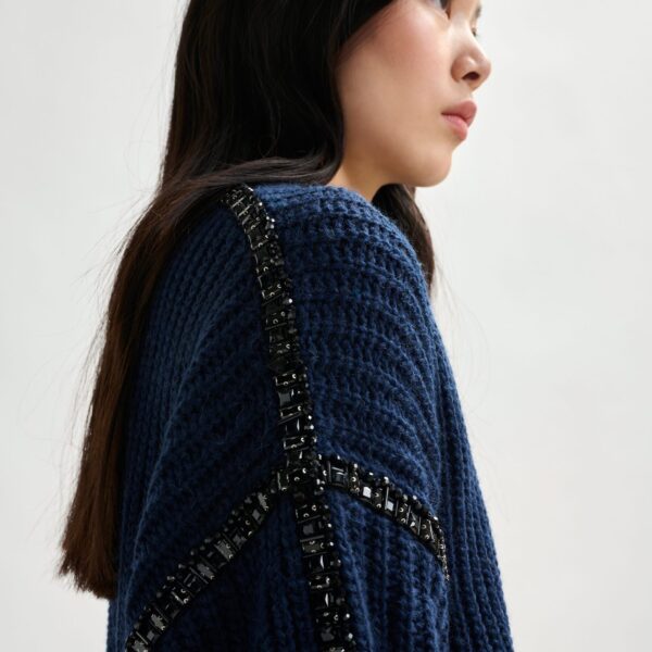 Essentiel Antwerp Navy wool-blend turtleneck with detachable collar and rhinestone embellishments - Essentiel Antwerp Knitwear - Colorful Belgian Design - Shop at Coveti