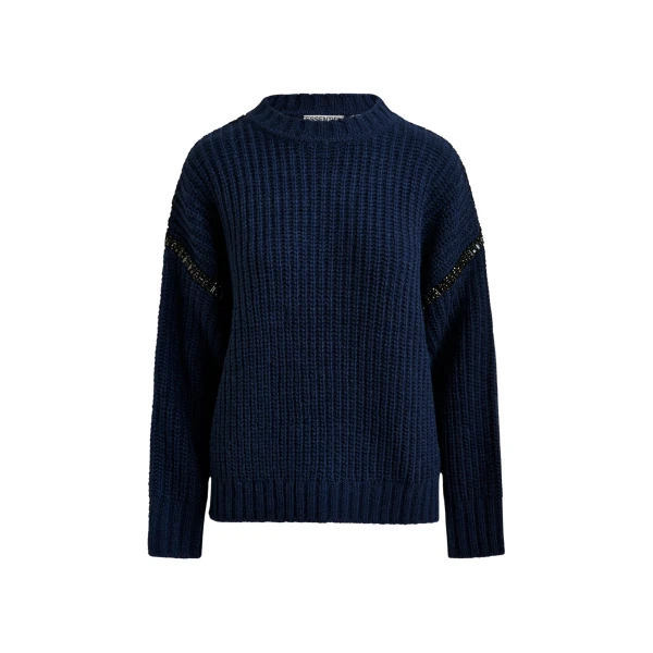 Essentiel Antwerp Navy wool-blend turtleneck with detachable collar and rhinestone embellishments - Essentiel Antwerp Knitwear - Colorful Belgian Design - Shop at Coveti