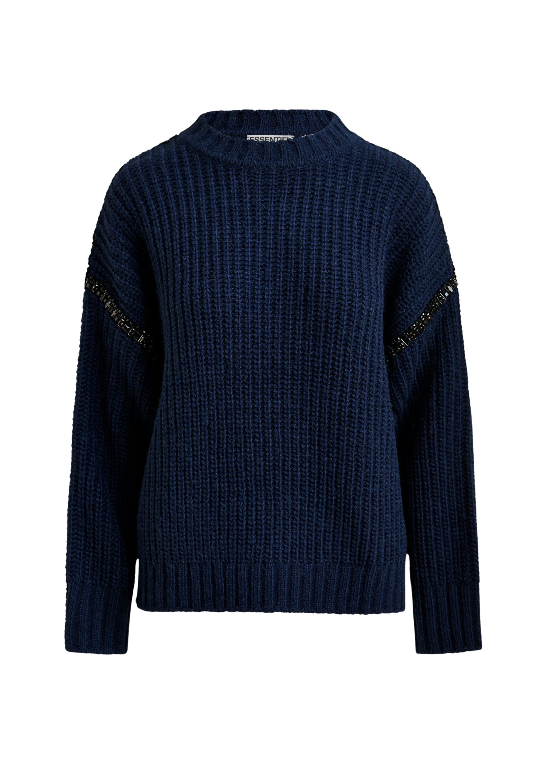 Essentiel Antwerp Navy wool-blend turtleneck with detachable collar and rhinestone embellishments - Essentiel Antwerp Knitwear - Colorful Belgian Design - Shop at Coveti