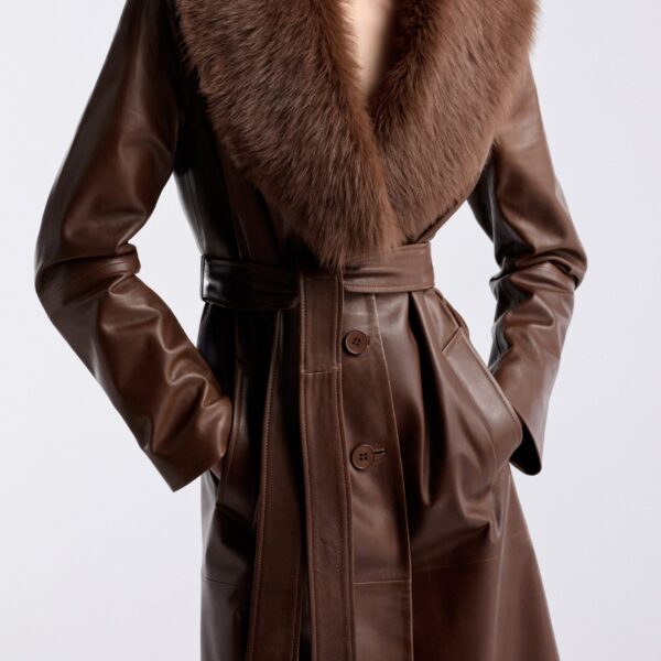 Nour Hammour Coats Color | Dakota Glamorous Leather Coat luxury leather Coats from Coveti