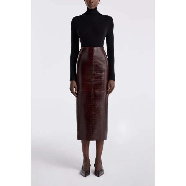 Nour Hammour Elyse Croco Skirt Embossed Leather Skirt, view 2