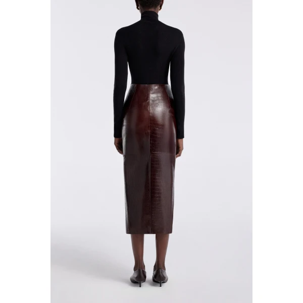 Nour Hammour Elyse Croco Skirt Embossed Leather Skirt, view 3