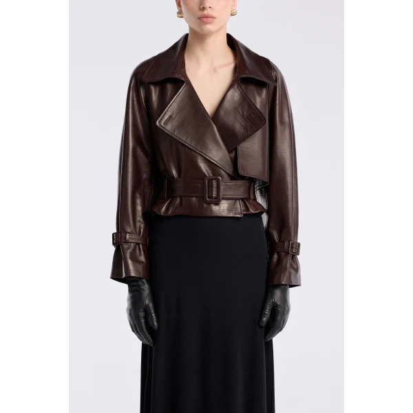 Nour Hammour Hatti Croco Cropped Leather Jacket, view 2