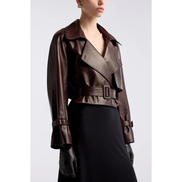 Nour Hammour Hatti Croco Cropped Leather Jacket, view 3