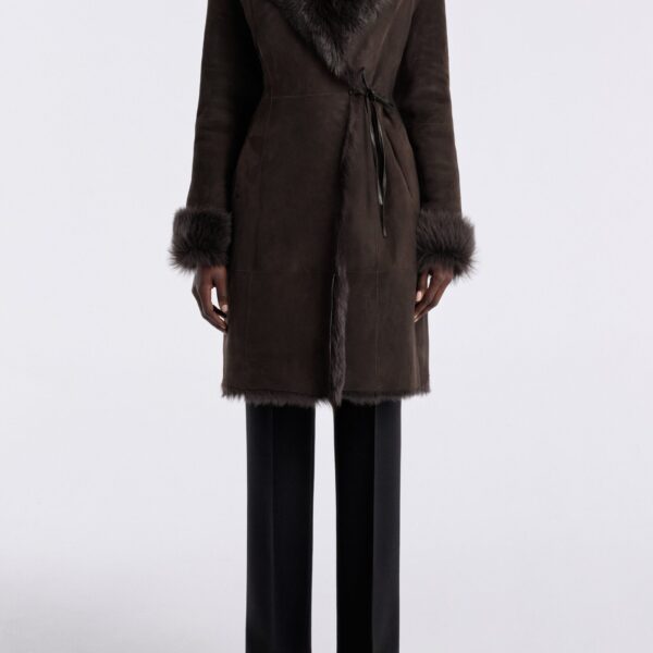 Nour Hammour Coats Color | Joni Midlength Feminine Shearling Coat luxury leather Coats from Coveti