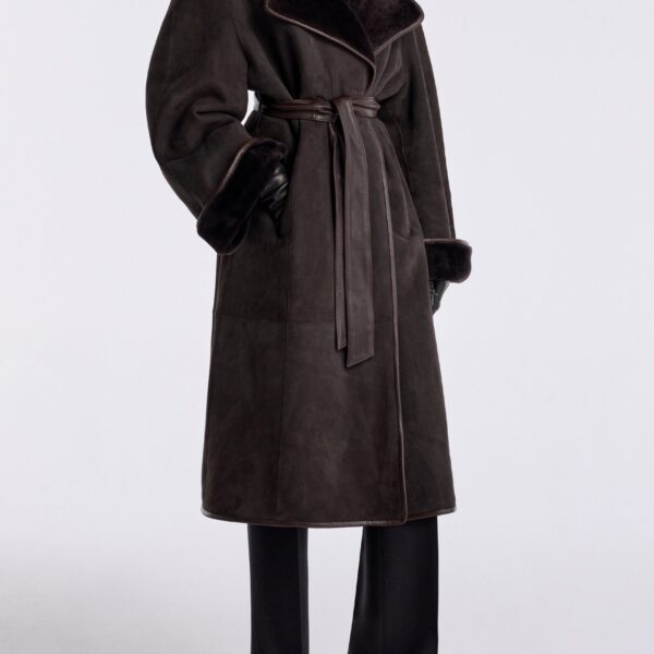 Nour Hammour Coats Color | Lourdes Drapey Shearling Coat luxury leather Coats from Coveti