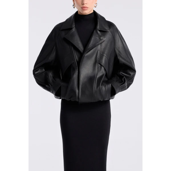 Nour Hammour Rafe Scuptural Leather Bomber Jacket, view 3