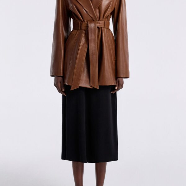 Nour Hammour Jackets Color | Safka Belted Leather Jacket luxury leather Jackets from Coveti