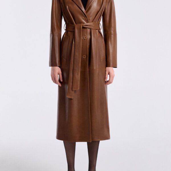 Nour Hammour Coats Color | Scarlett Polished Leather Trench luxury leather Coats from Coveti