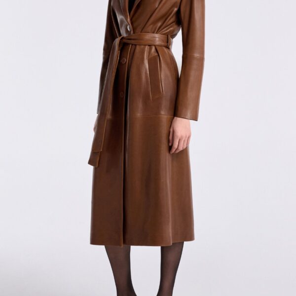 Nour Hammour Coats Color | Scarlett Polished Leather Trench luxury leather Coats from Coveti