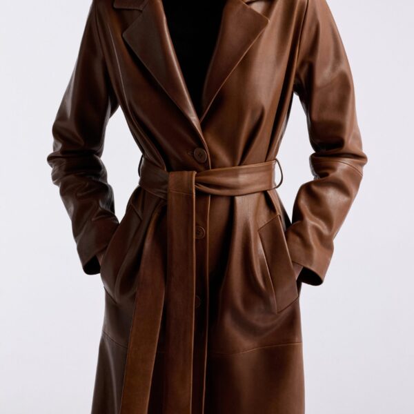 Nour Hammour Coats Color | Scarlett Polished Leather Trench luxury leather Coats from Coveti
