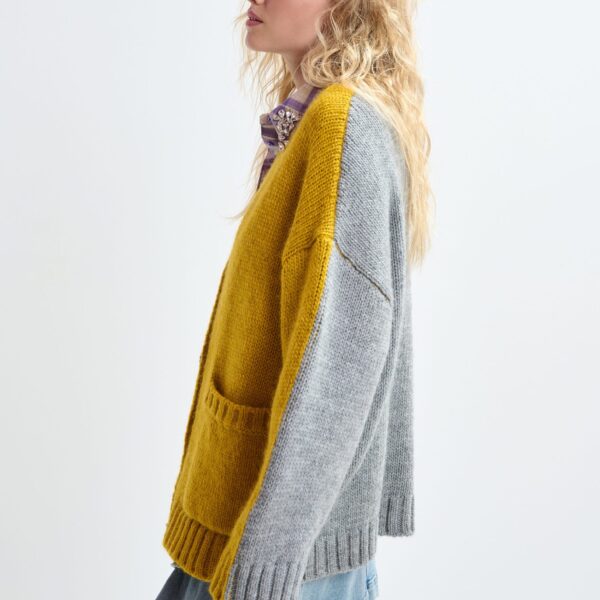 Essentiel Antwerp Ochre and grey wool-blend cardigan with contrasting back - Essentiel Antwerp Knitwear - Colorful Belgian Design - Shop at Coveti