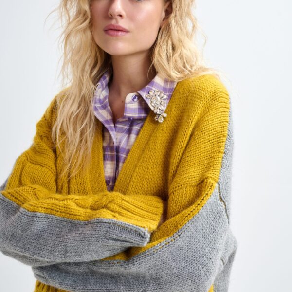 Essentiel Antwerp Ochre and grey wool-blend cardigan with contrasting back - Essentiel Antwerp Knitwear - Colorful Belgian Design - Shop at Coveti