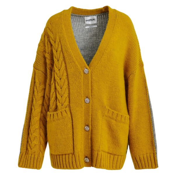 Essentiel Antwerp Ochre and grey wool-blend cardigan with contrasting back - Essentiel Antwerp Knitwear - Colorful Belgian Design - Shop at Coveti