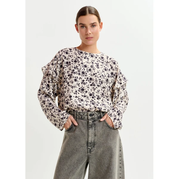 Essentiel Antwerp Off-white and black floral top with ruffle detail, view 2
