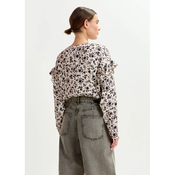 Essentiel Antwerp Off-white and black floral top with ruffle detail, view 5