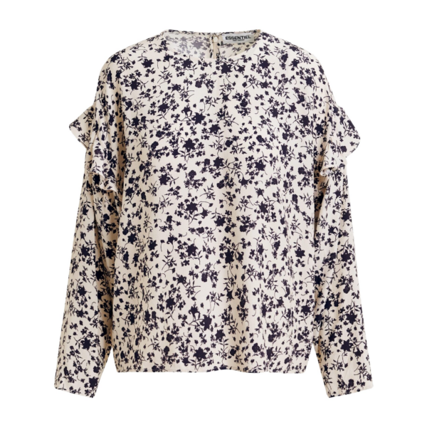 Essentiel Antwerp Off-white and black floral top with ruffle detail - Essentiel Antwerp Tops - Colorful Belgian Design - Shop at Coveti