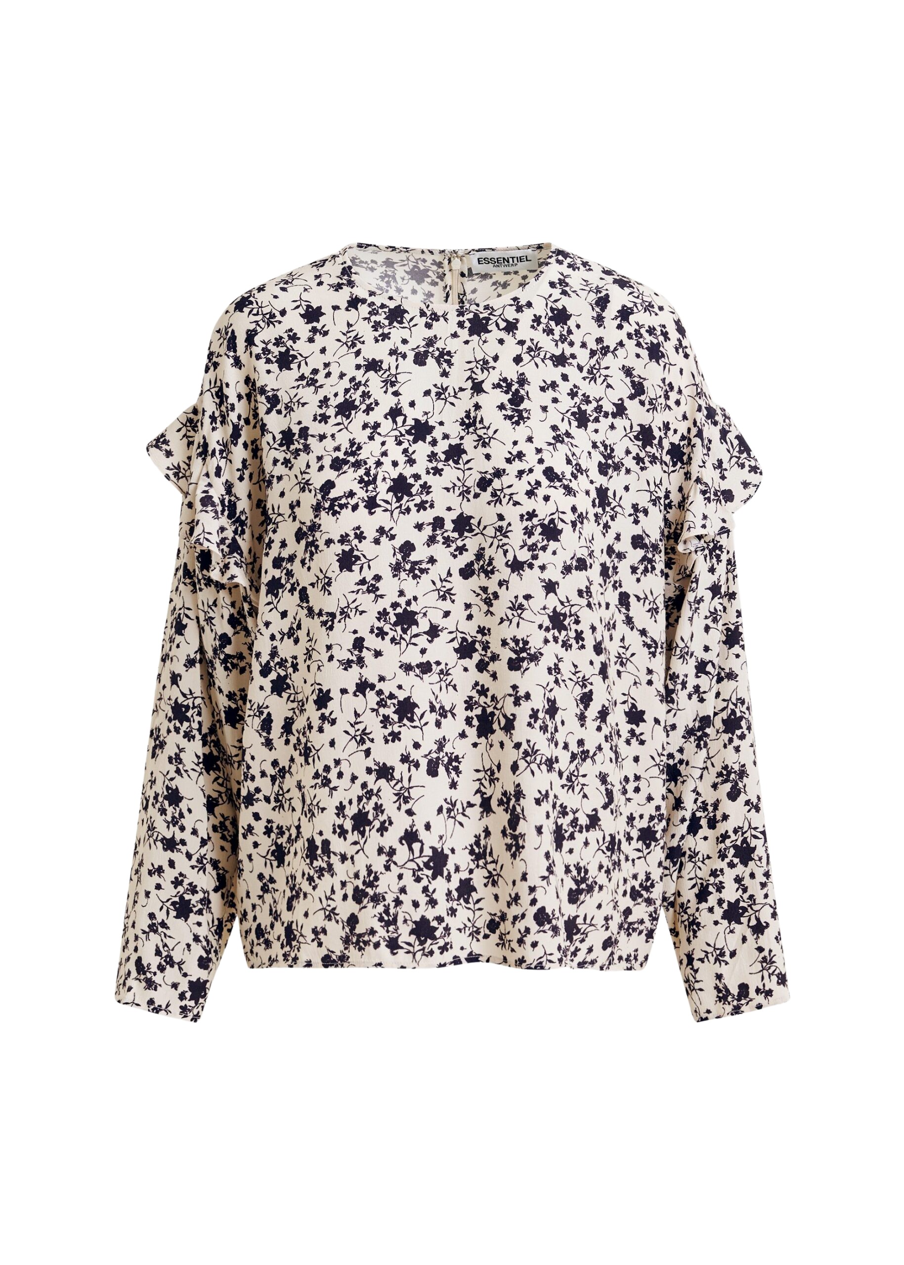 Essentiel Antwerp Off-white and black floral top with ruffle detail - Essentiel Antwerp Tops - Colorful Belgian Design - Shop at Coveti