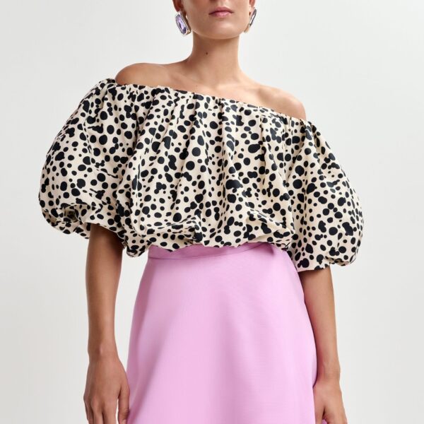 Essentiel Antwerp Off-white and black gathered bodysuit with puffed sleeves - Essentiel Antwerp Bodysuit - Colorful Belgian Design - Shop at Coveti