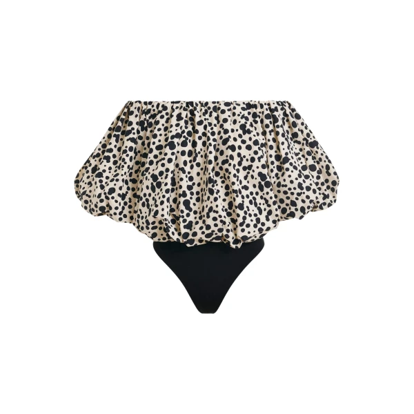 Essentiel Antwerp Off-white and black gathered bodysuit with puffed sleeves - Essentiel Antwerp Bodysuit - Colorful Belgian Design - Shop at Coveti