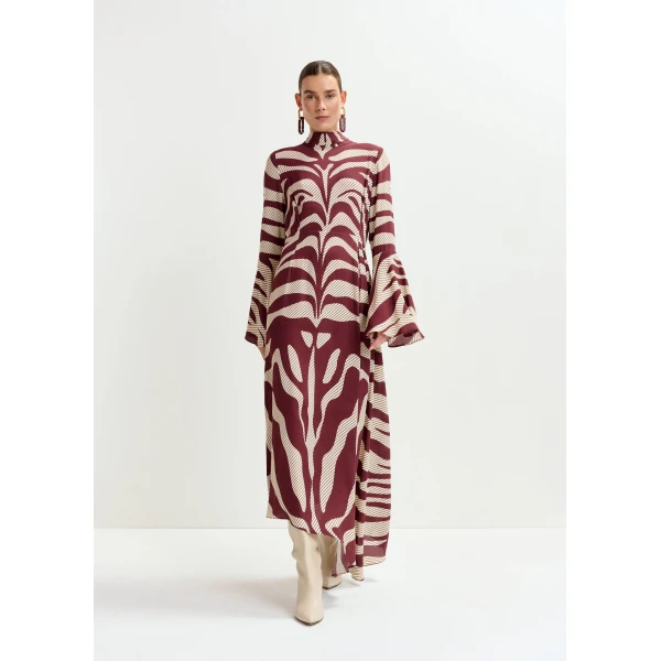 Essentiel Antwerp Off-white and burgundy asymmetric zebraprint maxi dress with pussy bow tie, view 2