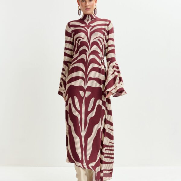 Essentiel Antwerp Off-white and burgundy asymmetric zebraprint maxi dress with pussy bow tie - Essentiel Antwerp Dresses - Colorful Belgian Design - Shop at Coveti