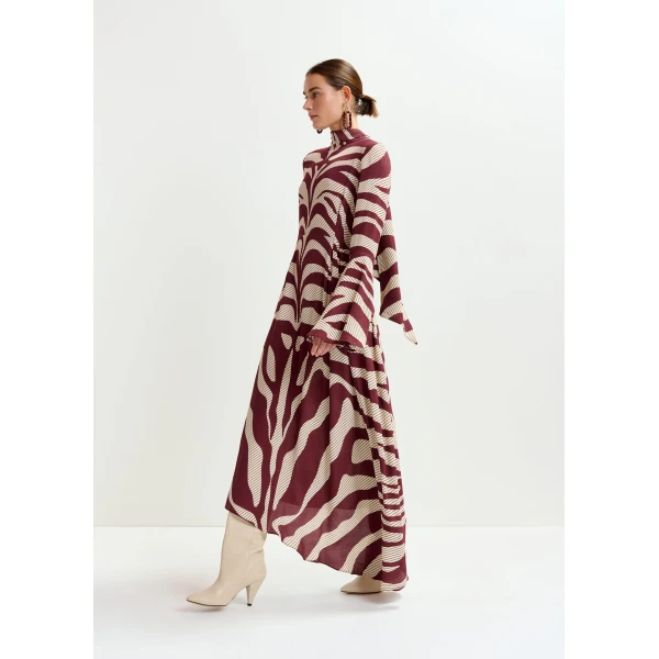 Essentiel Antwerp Off-white and burgundy asymmetric zebraprint maxi dress with pussy bow tie, view 3