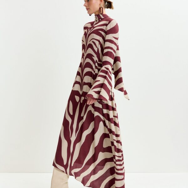 Essentiel Antwerp Off-white and burgundy asymmetric zebraprint maxi dress with pussy bow tie - Essentiel Antwerp Dresses - Colorful Belgian Design - Shop at Coveti