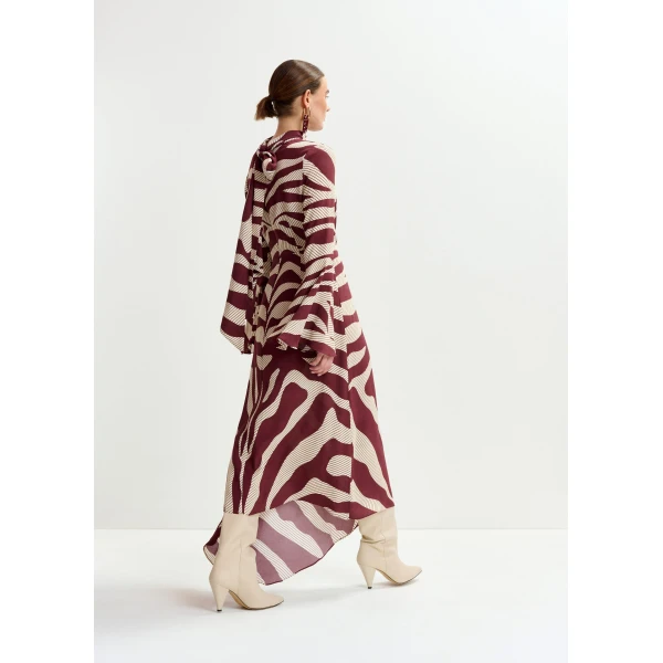 Essentiel Antwerp Off-white and burgundy asymmetric zebraprint maxi dress with pussy bow tie, view 4