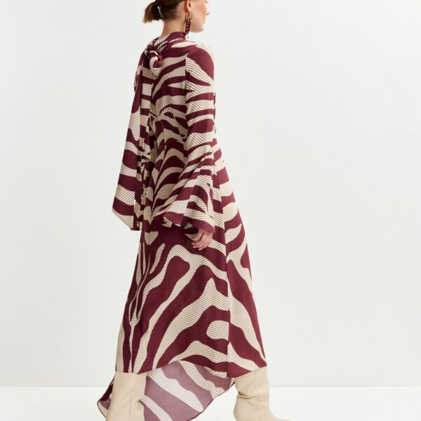 Essentiel Antwerp Off-white and burgundy asymmetric zebraprint maxi dress with pussy bow tie - Essentiel Antwerp Dresses - Colorful Belgian Design - Shop at Coveti