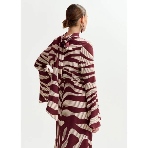 Essentiel Antwerp Off-white and burgundy asymmetric zebraprint maxi dress with pussy bow tie, view 5