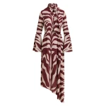 Essentiel Antwerp Off-white and burgundy asymmetric zebraprint maxi dress with pussy bow tie - Essentiel Antwerp Dresses - Colorful Belgian Design - Shop at Coveti