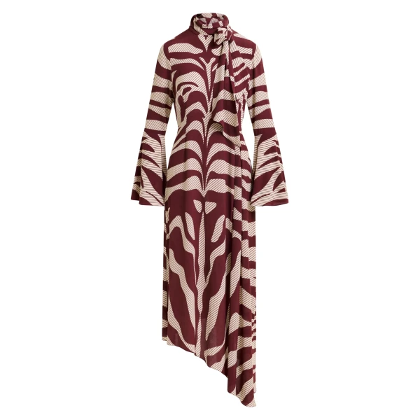 Essentiel Antwerp Off-white and burgundy asymmetric zebraprint maxi dress with pussy bow tie - Essentiel Antwerp Dresses - Colorful Belgian Design - Shop at Coveti