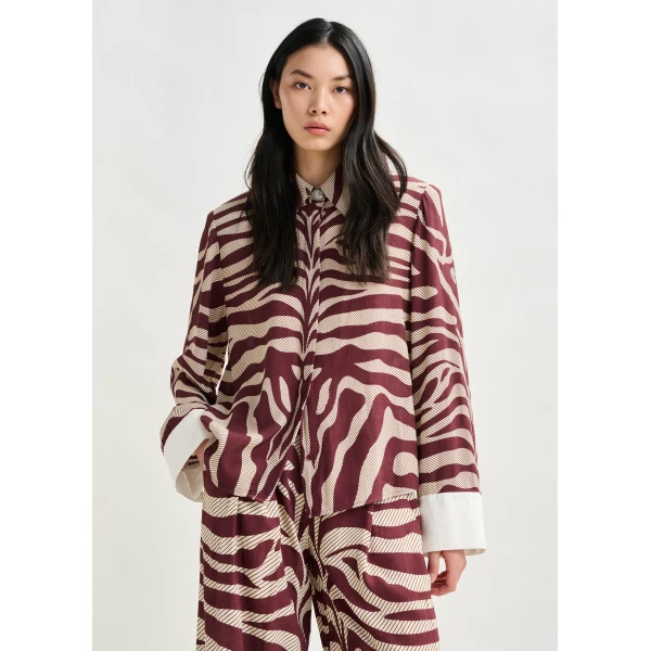 Essentiel Antwerp Off-white and burgundy zebra-jacquard shirt with rhinestone-encrushed button, view 2