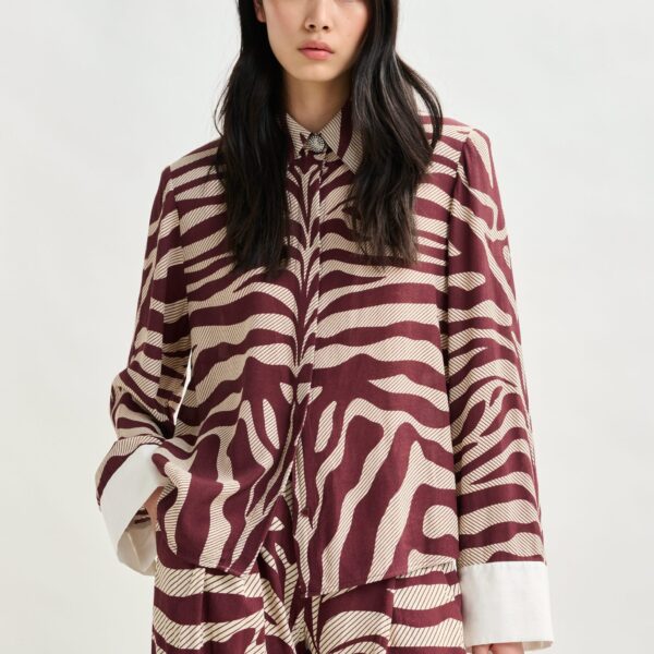 Essentiel Antwerp Off-white and burgundy zebra-jacquard shirt with rhinestone-encrushed button - Essentiel Antwerp Shirts - Colorful Belgian Design - Shop at Coveti